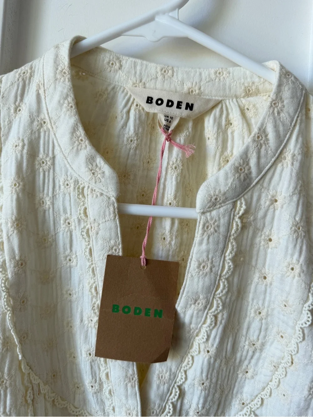 Boden Trim Insert Double Cloth Broderie Cotton Top Ivory Size 6 NWT